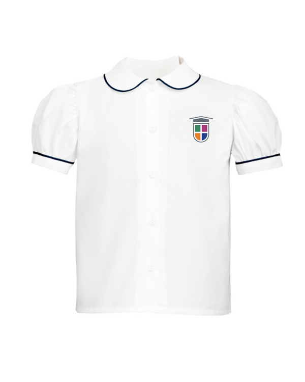 KPA White With Navy Blue Piping Short Sleeve Blouse